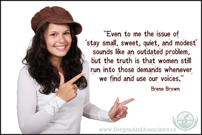 Even to me, the issue of 'stay small, sweet, quiet, and modest' sounds like an outdated problem, but the truth is that woemen still run into those demands whenever we find and use our voice.  Quote by Brene Brown